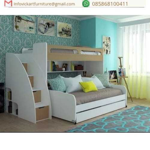 Tempat Tidur 3 Tingkat Tangga Laci Anak Perempuan, Ranjang Karakter Minimalis Custom Laci