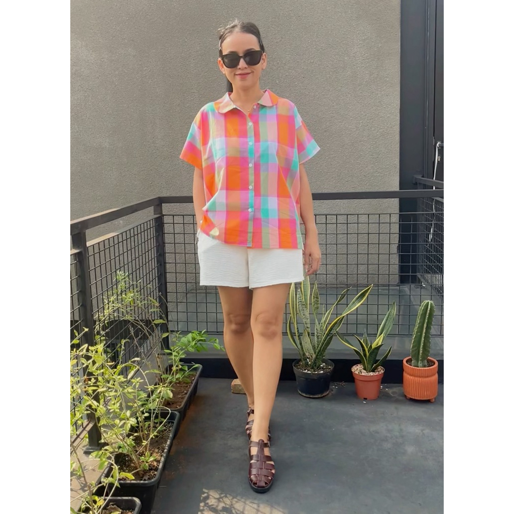 REVY oversize kemeja wanita kotak-kotak pink