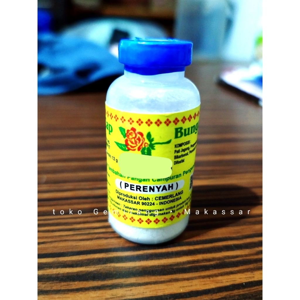 

Perenyah cap bunga 12 gr, bahan tambahan pangan campuran pengembang