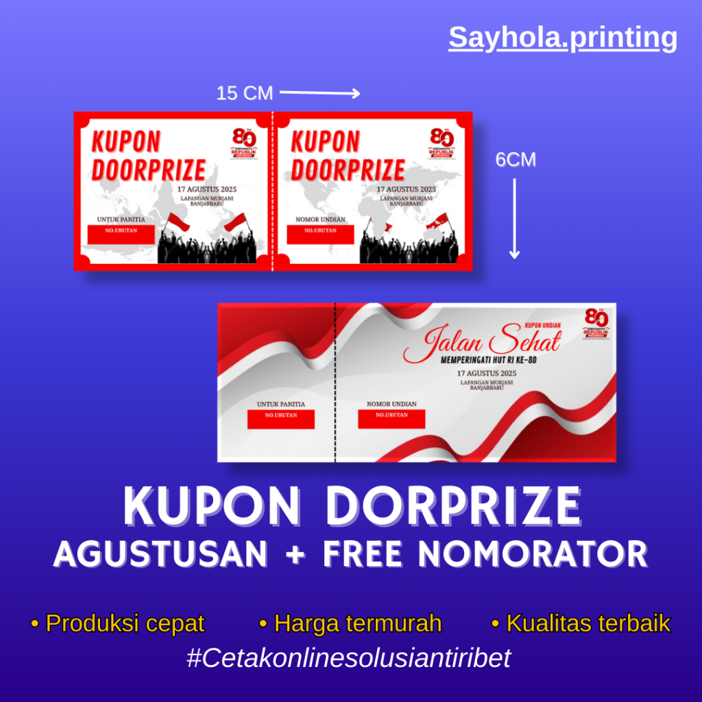 

Kupon Undian Jalan Santai 17 Agustus ( isi 100 ) Full Color Perbendel Kupon sudah dijilid Proporasi, Nomor Urut Undian.