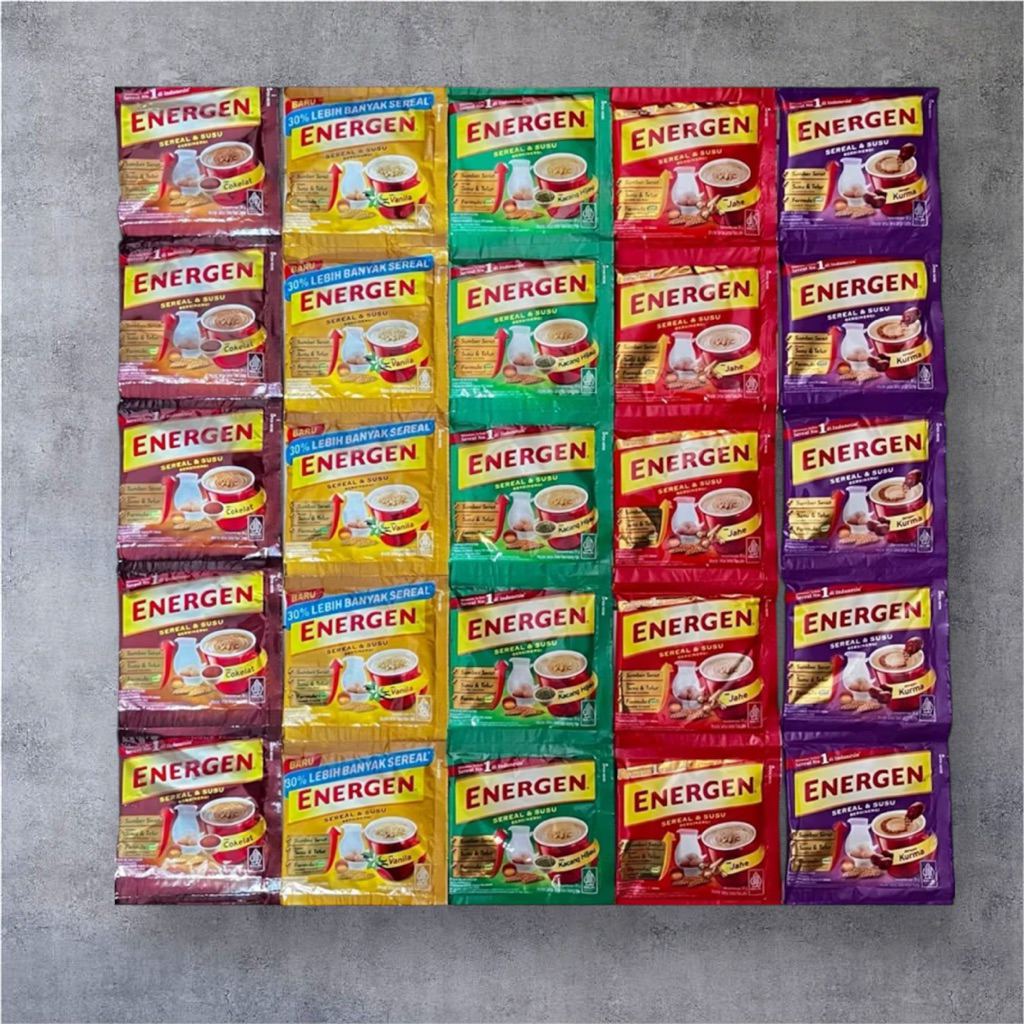 

Energen Sereal (COKLAT VANILA KACANG IJO JAHE) 32g serenceng KEMASAN BARU ISI LEBIH BANYAK ( ISI 10 )