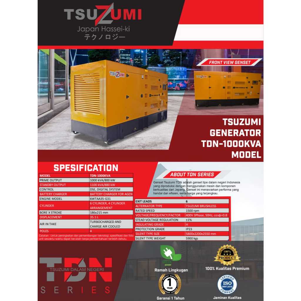 GENSET DIESEL SUPER SILENT 1000 KVA TSUZUMI TDN-1000KVA JAPAN TECHNOLOGY
