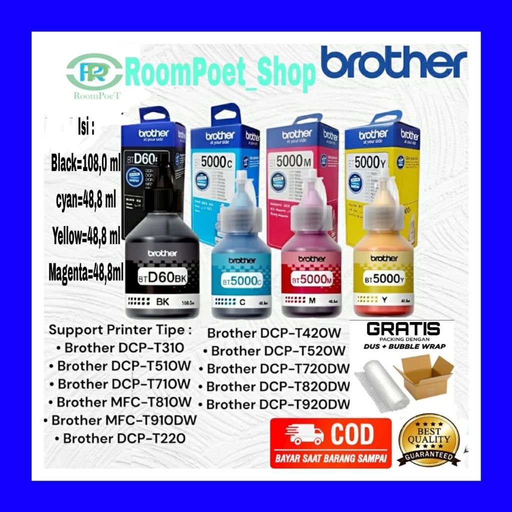 1 Set Tinta Brother Bt5000&Btd60BK Original 4 warna(B, C, Y, M) untuk HL-T4000DW DCP-T220/T310 DCP-T