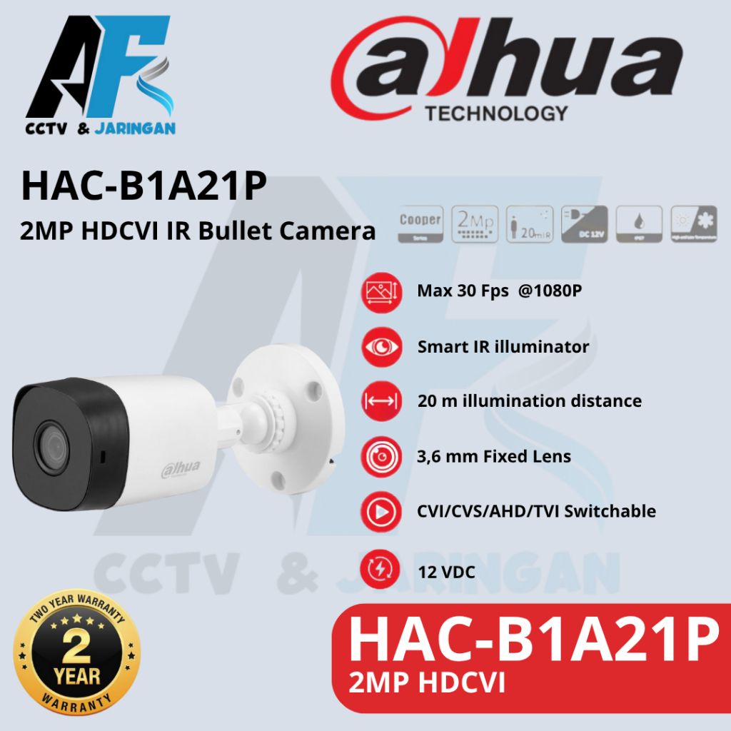 Kamera CCTV Dahua HAC-B1A21P 2MP Analog Outdoor Cooper Infrared 30Fps 1080P