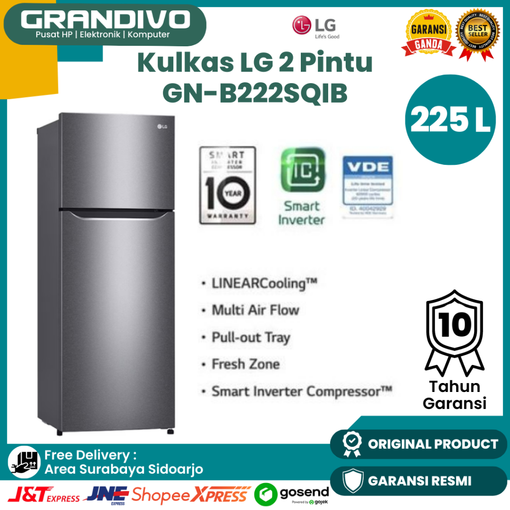 Kulkas 2 Pintu LG Smart Inverter 225 Liter GN B222SQIB Tanpa Bunga Es Low Watt Fast Cooling Air Flow
