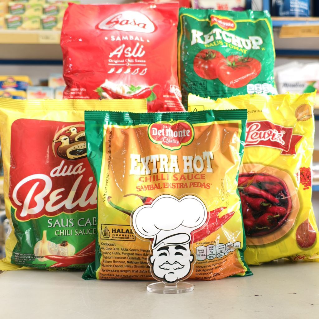 

Saus Sachet Dua Belibis / Delmonte Sambal Sachet / Delmonte Tomat Sachet / Sasa Sambal Sachet / Mc Lewis Sambal Sachet