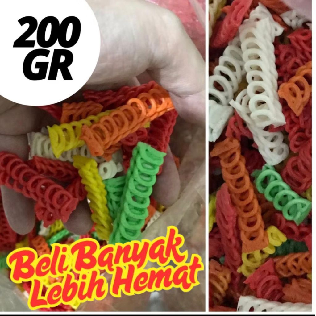 

KERUPUK SEBLAK MENTAH / KRUPUK KERING / ANEKA KERUPUK / ANEKA KERIPIK BAWANG 200GR RANTE WARNA