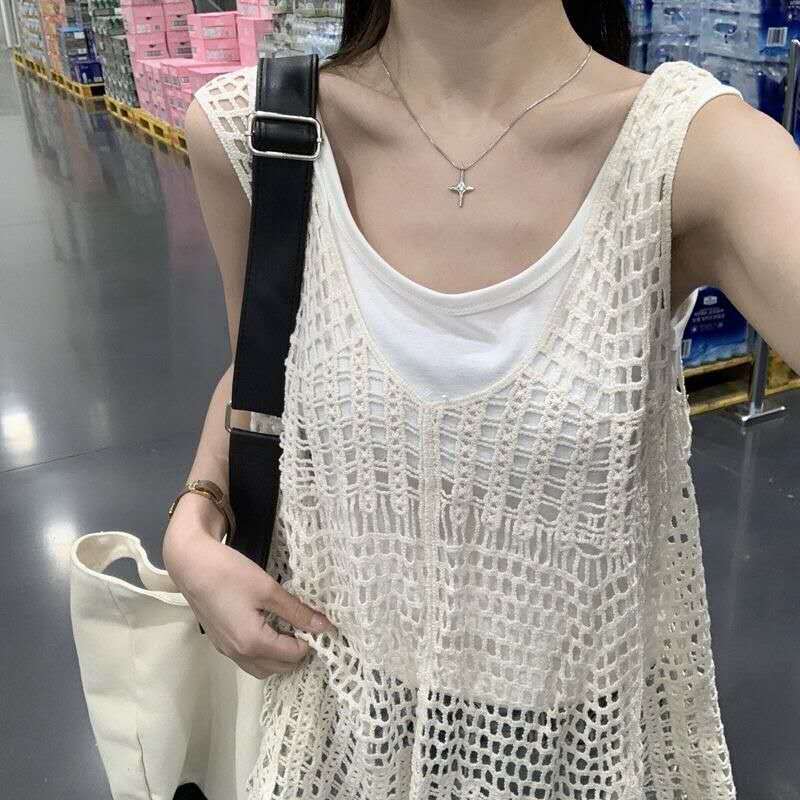 Outer Rajut Tanpa Lengan Gaya Korea Model Jaring Wanita Kasual Vintage