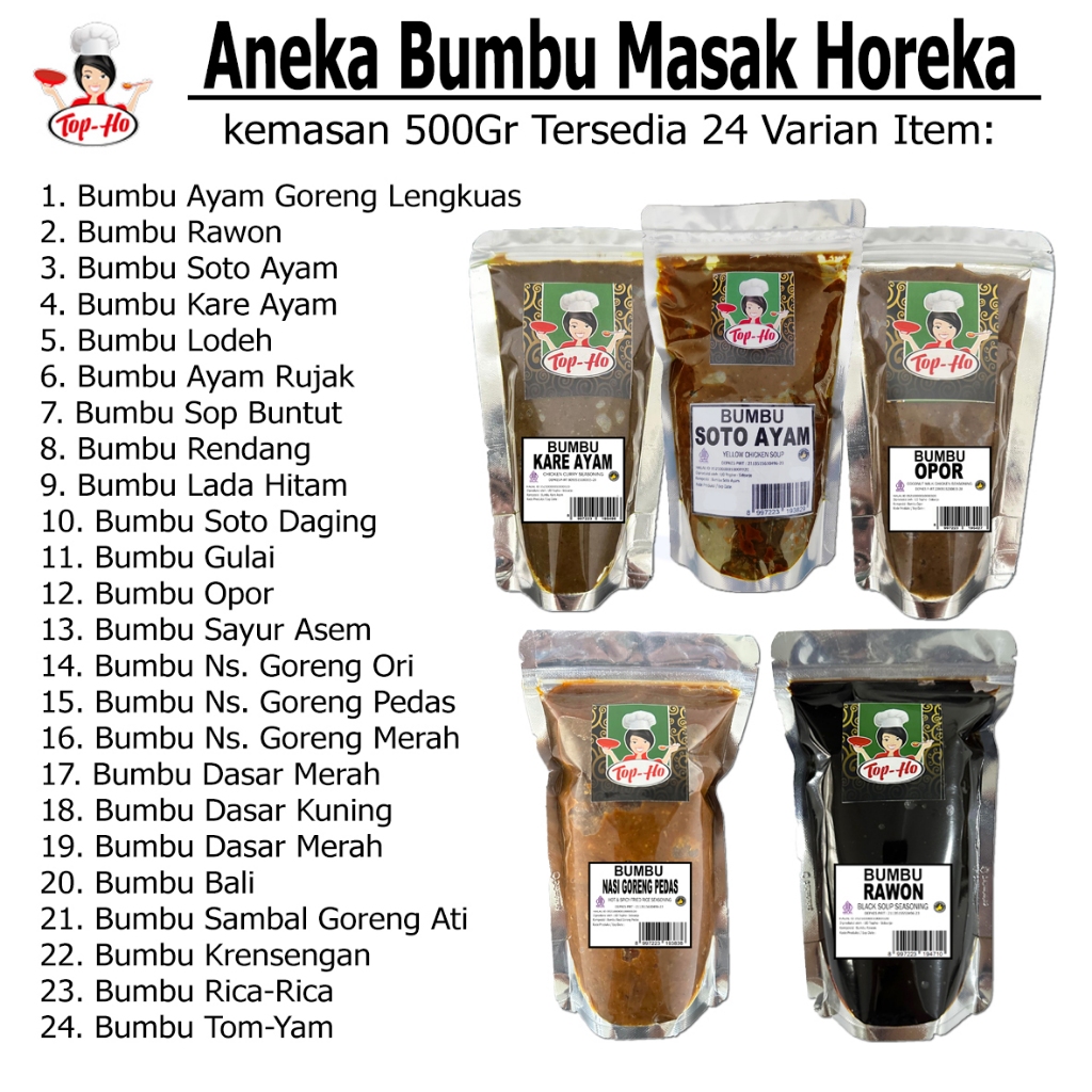 

Aneka Bumbu Masak Kemasan Horeka 500gram (Bumbu Soto, Bumbu Opor, Bumbu Rawon, Bumbu Ayam Goreng) Cocok untuk Acara dan Usaha
