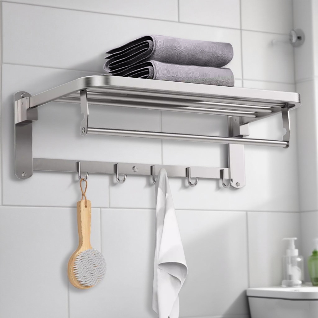 Rak Gantungan Lipat 90° Handuk Kamar Mandi Toilet Jemuran Pasang Dinding 60 cm