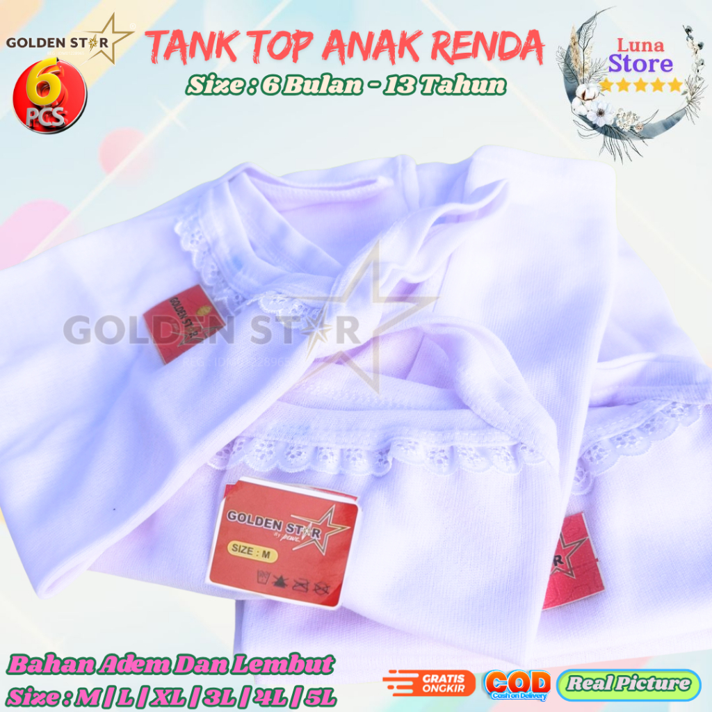 6 Pcs Tanktop Singlet Renda Putih Wanita Anak Dewasa Remaja - Kaos Singlet RENDA Wanita Anak Remaja 