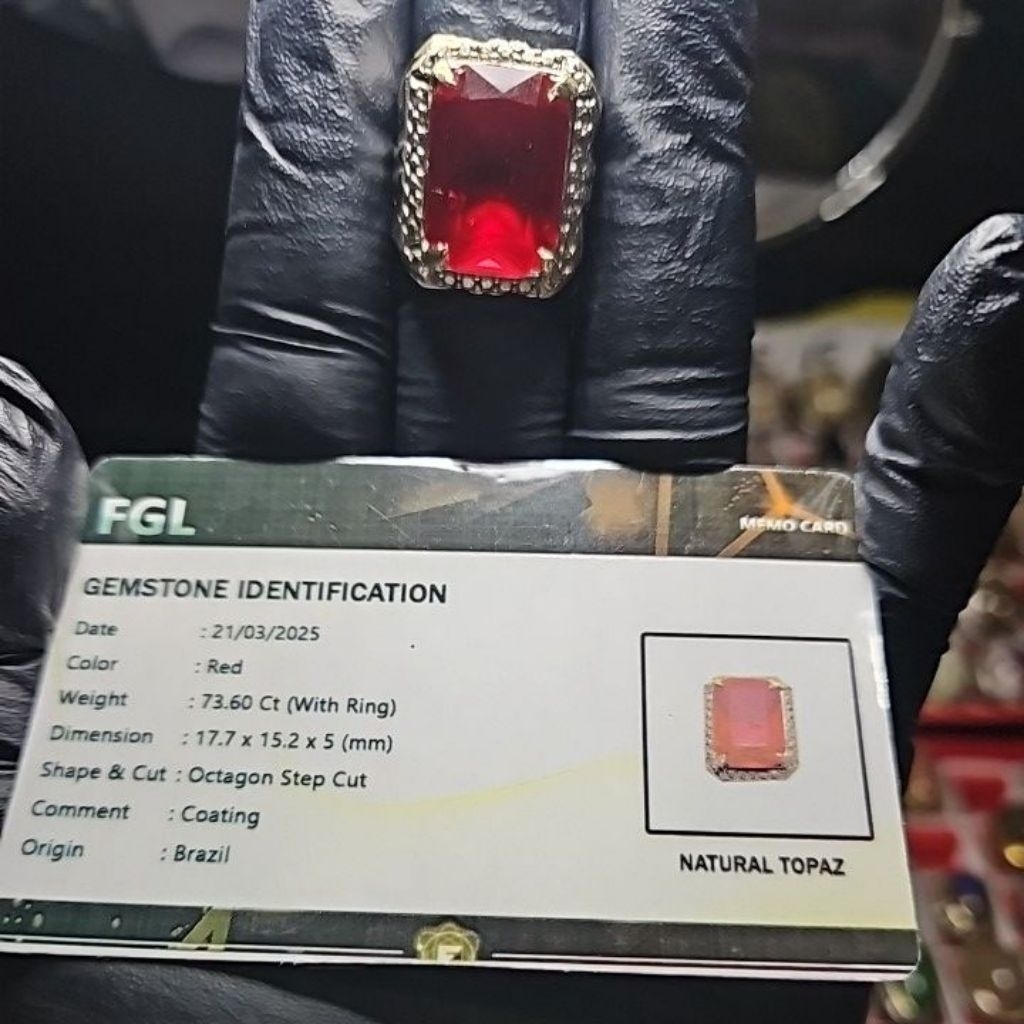Cincin Batu Red Topaz dengan Sertifikat Memo Card