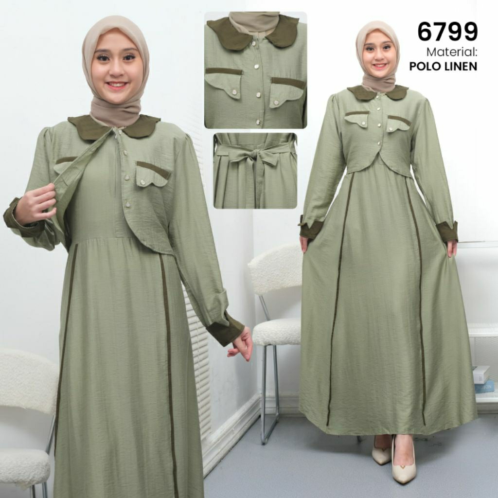 Gamis Perempuan Muslimah Bahan Polo Linen Warna Hijau Muda
