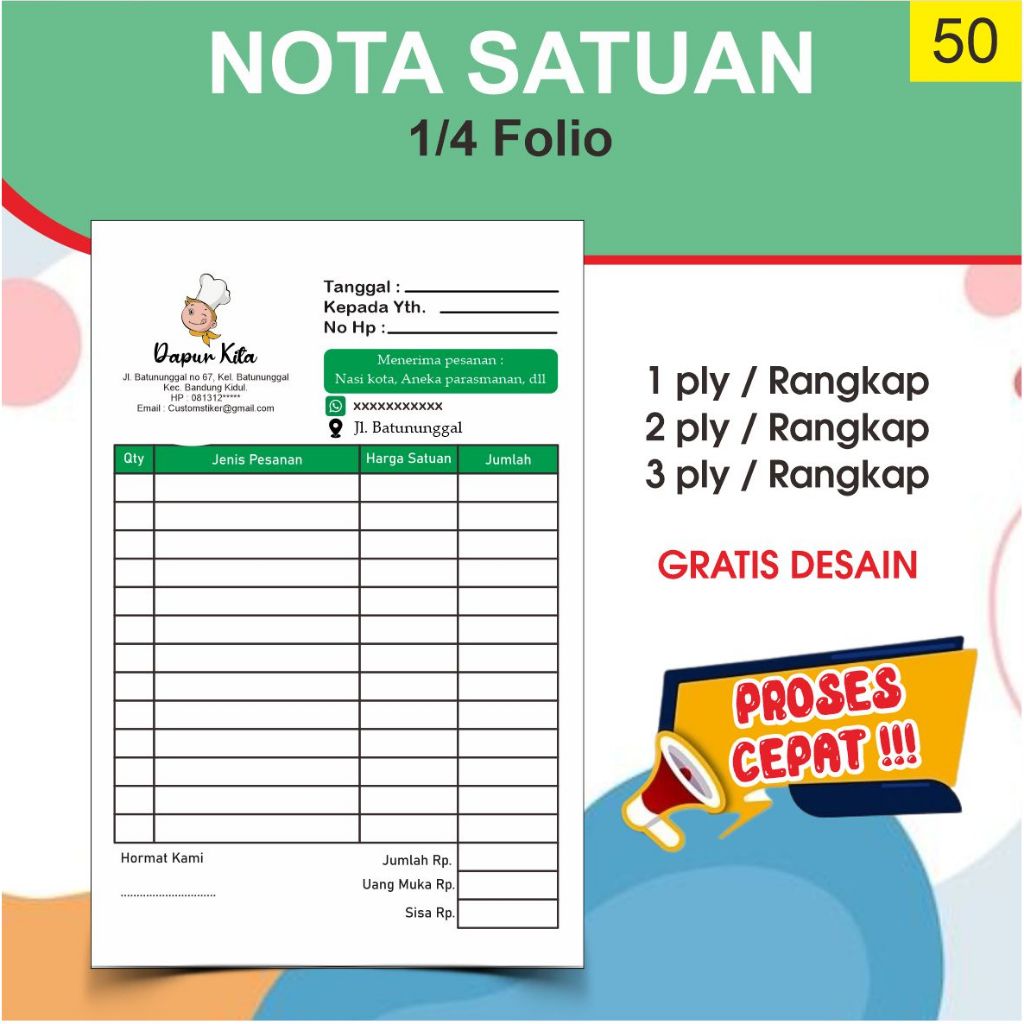 

Cetak Nota Satuan 1/4 Folio 1ply 2 ply 3 ply nota custom request nama toko olshop sendiri gratis desain