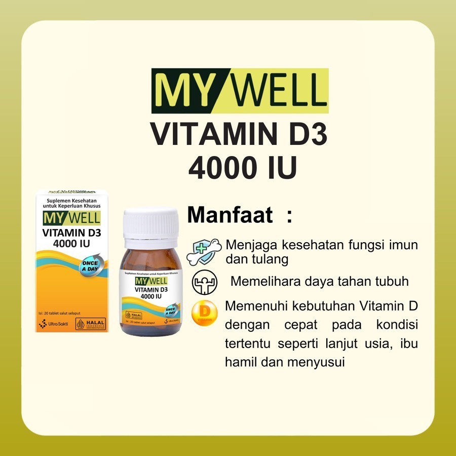 Vitamin D3 4000 IU MYWELL Vitamin D3 4000IU Isi 20 Tablet HALAL Ori BPOM