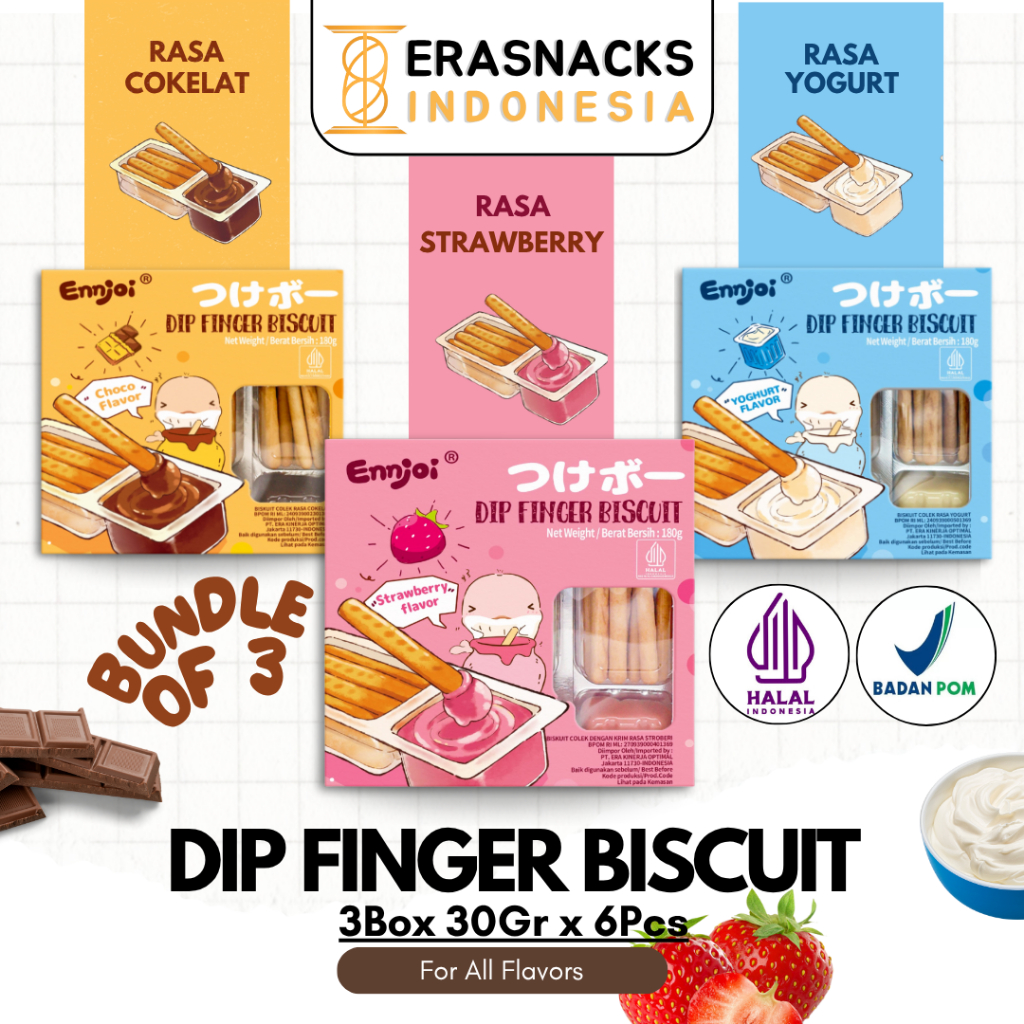 

BUNDLE 3 BOX ENNJOI DIP FINGER BISCUIT - BISKUIT COLEK RASA COKELAT, STRAWBERRY, YOGURT 3 BOX 30Gr x 6Pcs