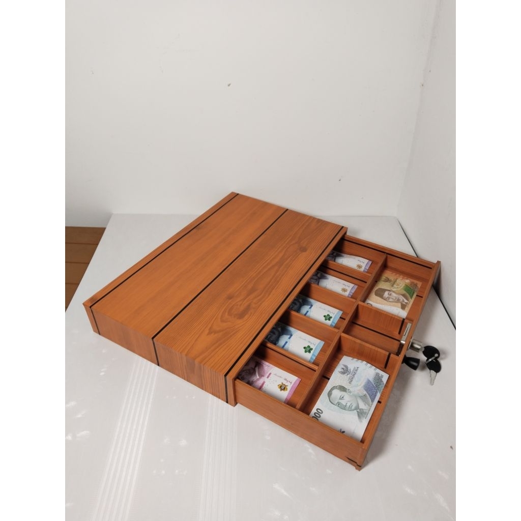 laci kasir / tempat uang motif kayu orange lengkap dengan kunci