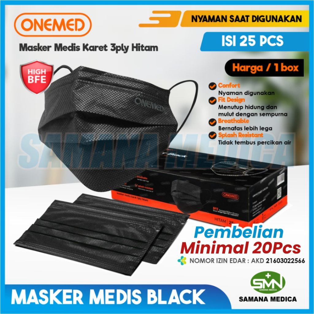 GROSIR Masker Bedah Hitam / Masker Medis Hitam ONEMED 3PLY - Nyaman dan Aman