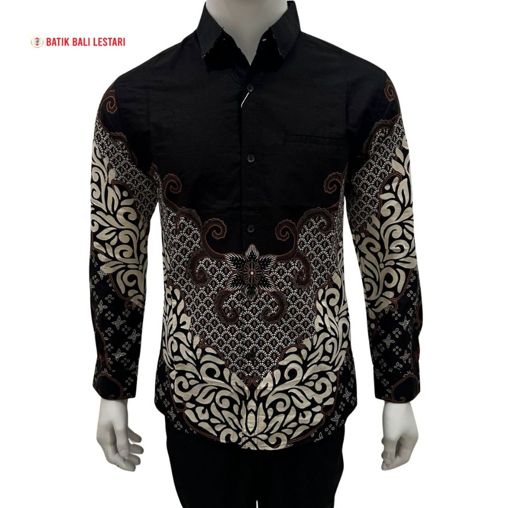 Batik Bali Lestari Kemeja Katun Pria Slimfit Lengan Panjang Hitam (4A3A)