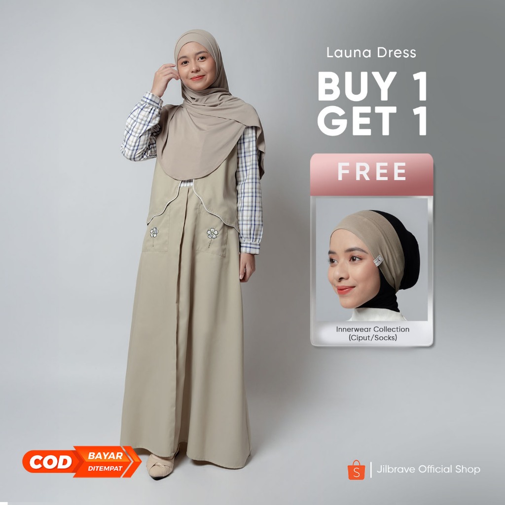 [BUY 1 GET 1 Free Gift] Jilbrave | Launa Dress - Gamis Feminine Set Vest Kombinasi Motif Kotak Plaid