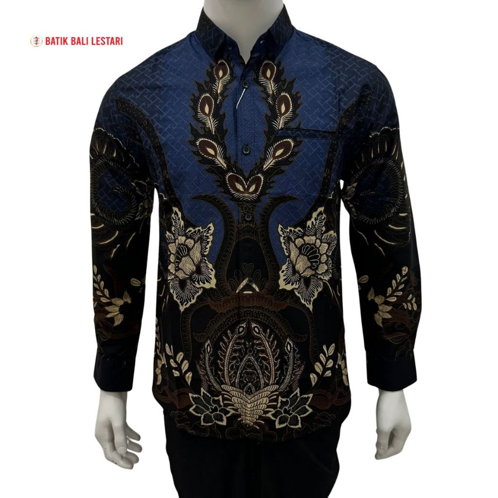 Batik Bali Lestari Kemeja Pria Lengan Panjang Slimfit Katun Biru Dongker (NU31)