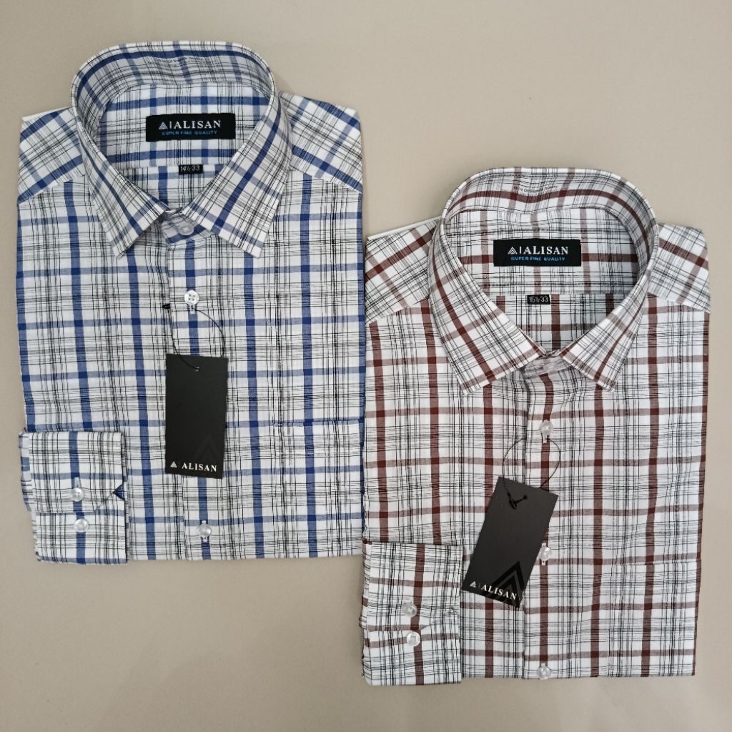 Alisan Kemeja Pria Motif Kotak Garis Tebal Lengan Panjang Reguler Biru/Coklat
