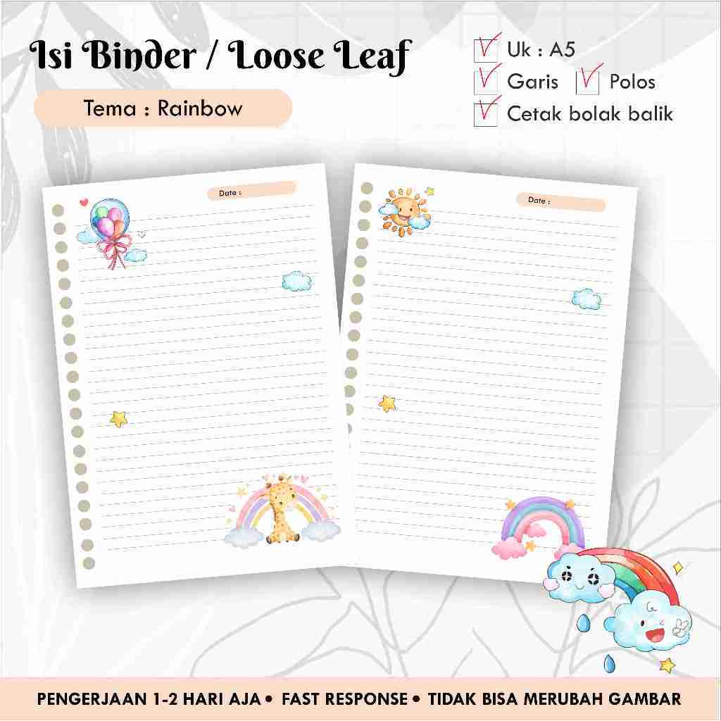 

[10 pcs] Isi Binder / Loose leaf gambar A5 Tema RAINBOW / Refill Map Binder / Garis Polos