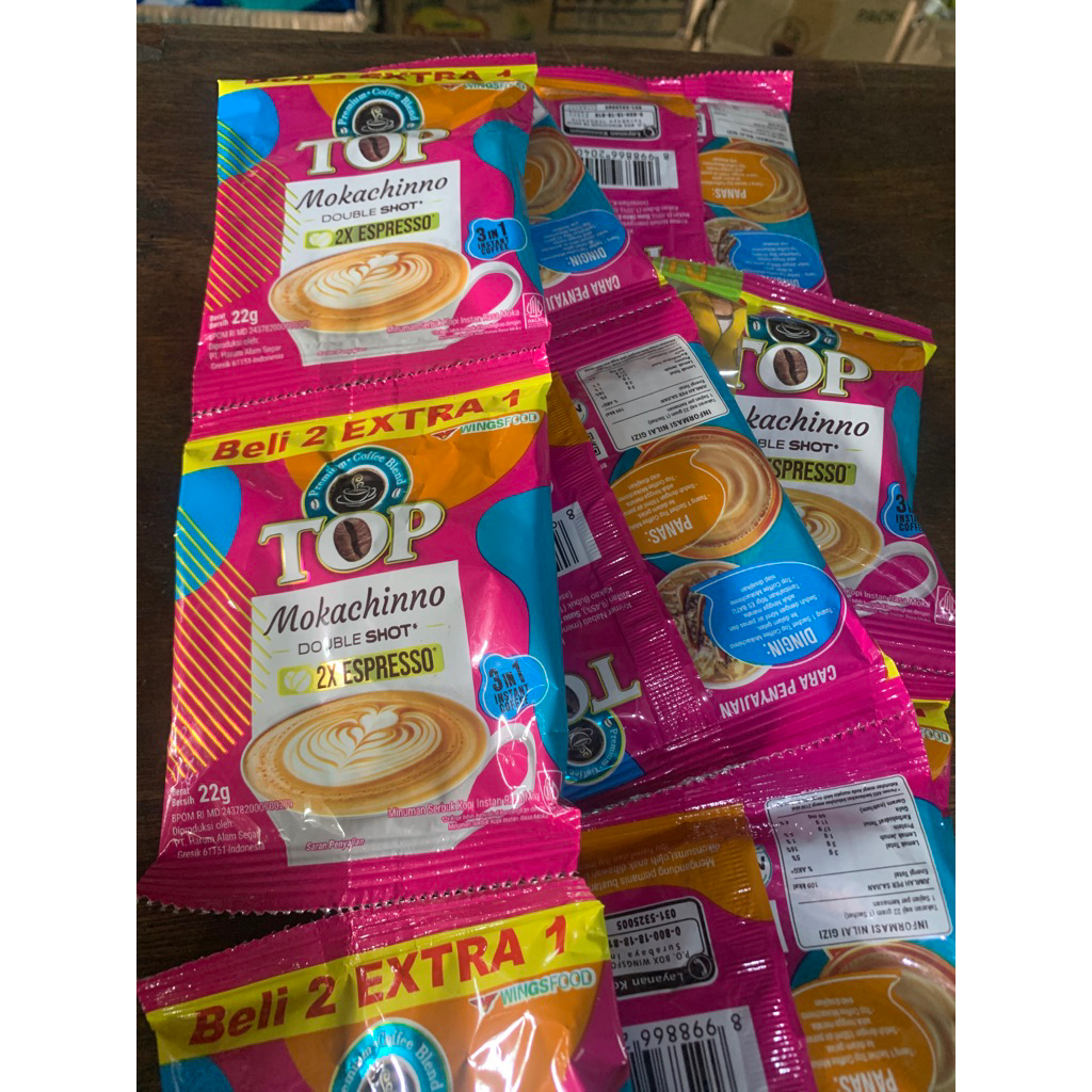 

Kopi Top Mokachinno Double Shot 1 renceng isi 10 sachet bonus 5 sachet