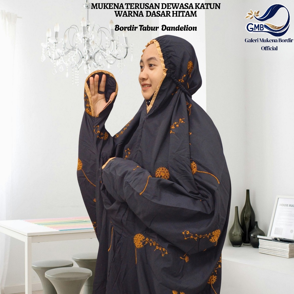 Mukena Terusan Dewasa Polino Warna Hitam Motif Bordir Tabur Seribu Bunga Dandelion Cantik,