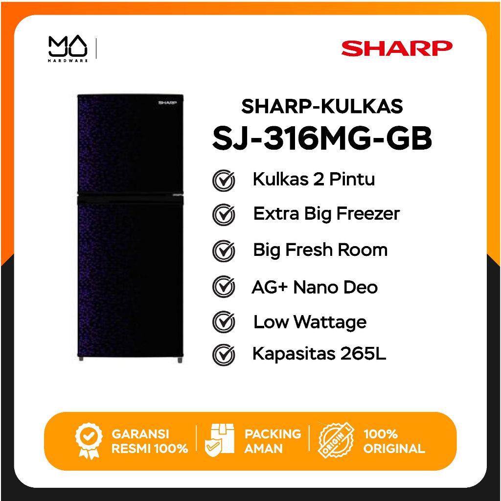 SHARP SJ-316MG GB/GR Kulkas Lemari Es 2 Pintu Magneglas Series [237 L] - Garansi Resmi
