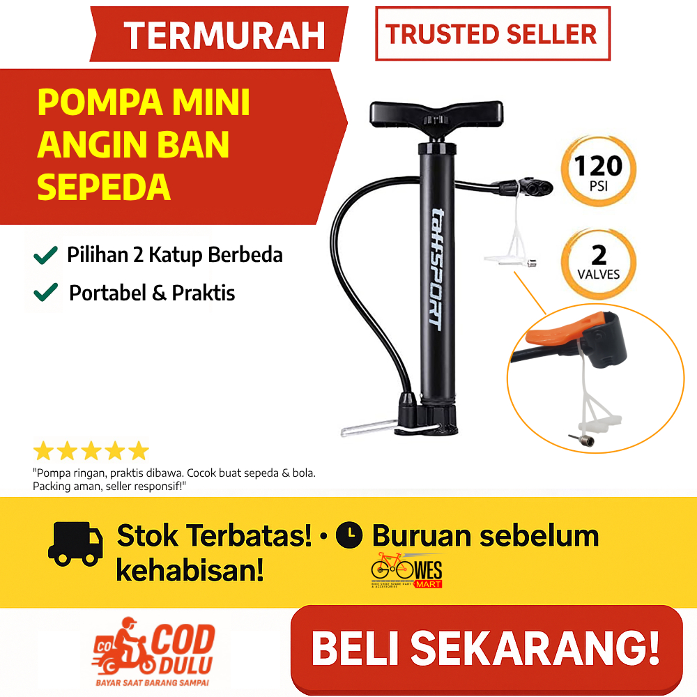 Pompa Ban Sepeda Mini Portable Dual Katup Presta & Schrader, Tekanan Tinggi 120 PSI