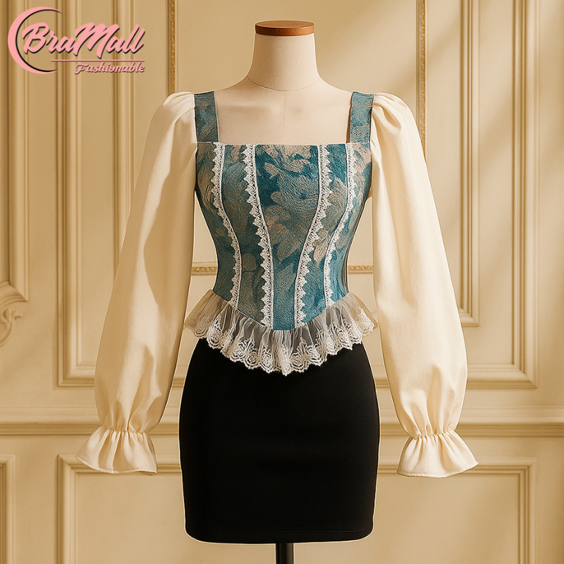 Blus Wanita Vintage Motif Bunga dengan Renda BJ-156