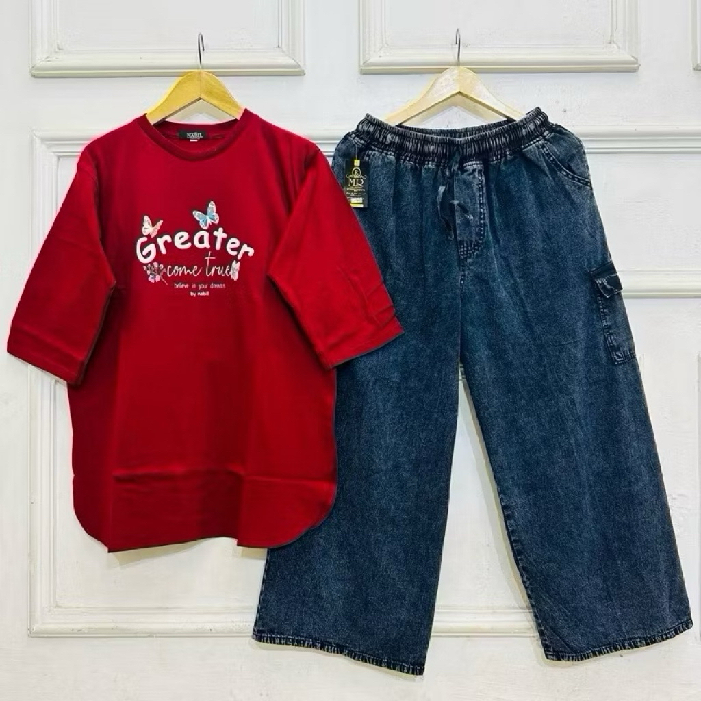 Setelan Jeans Kulot Wanita, Atasan Combed 20s, Celana Jeans Kulot Cargo, Oneset Jeans Wanita Terpopu