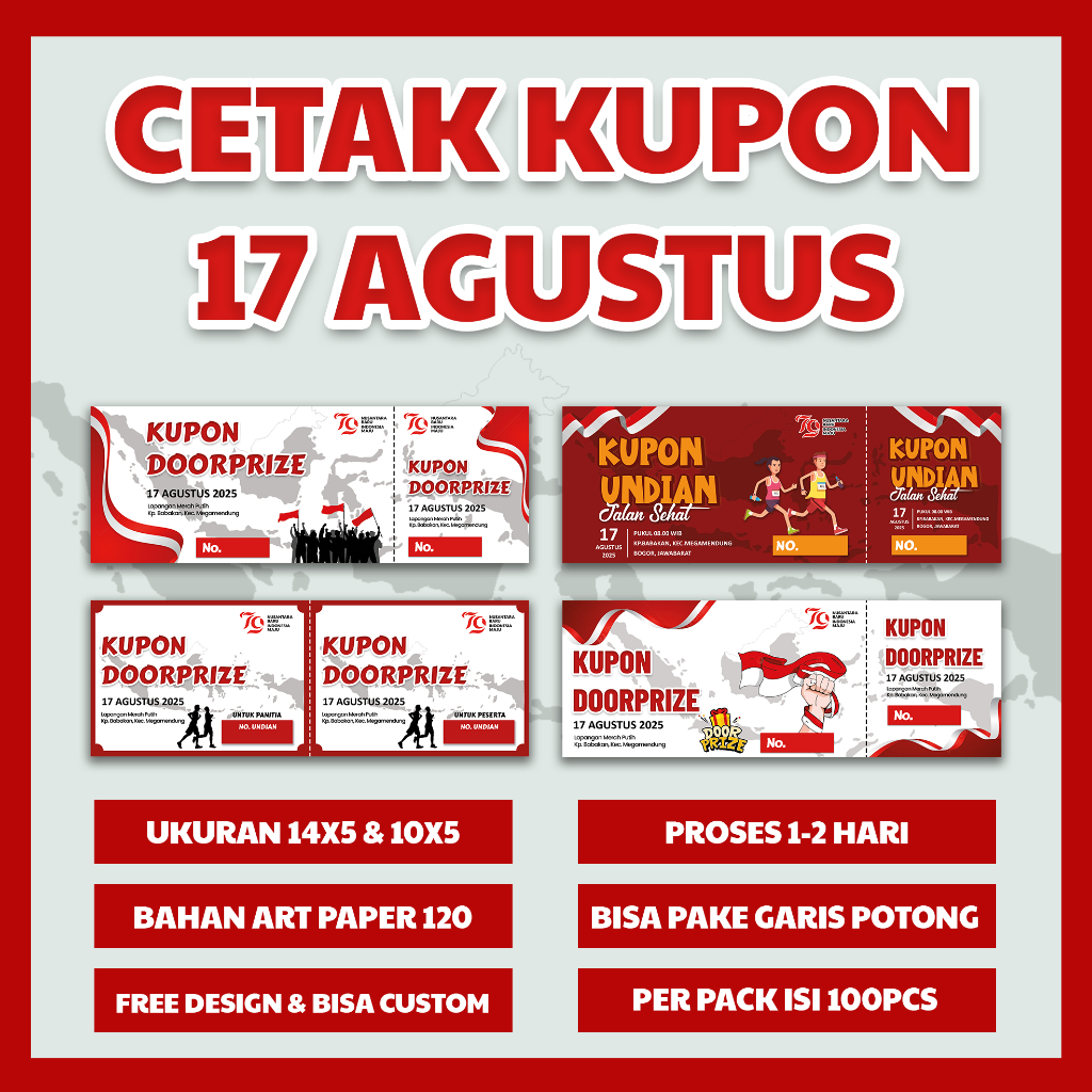 Cetak Kupon 17 Agustusan, Kupon Doorprize, Kupon jalan sehat isi 100pcs termurahhh (Free Design)
