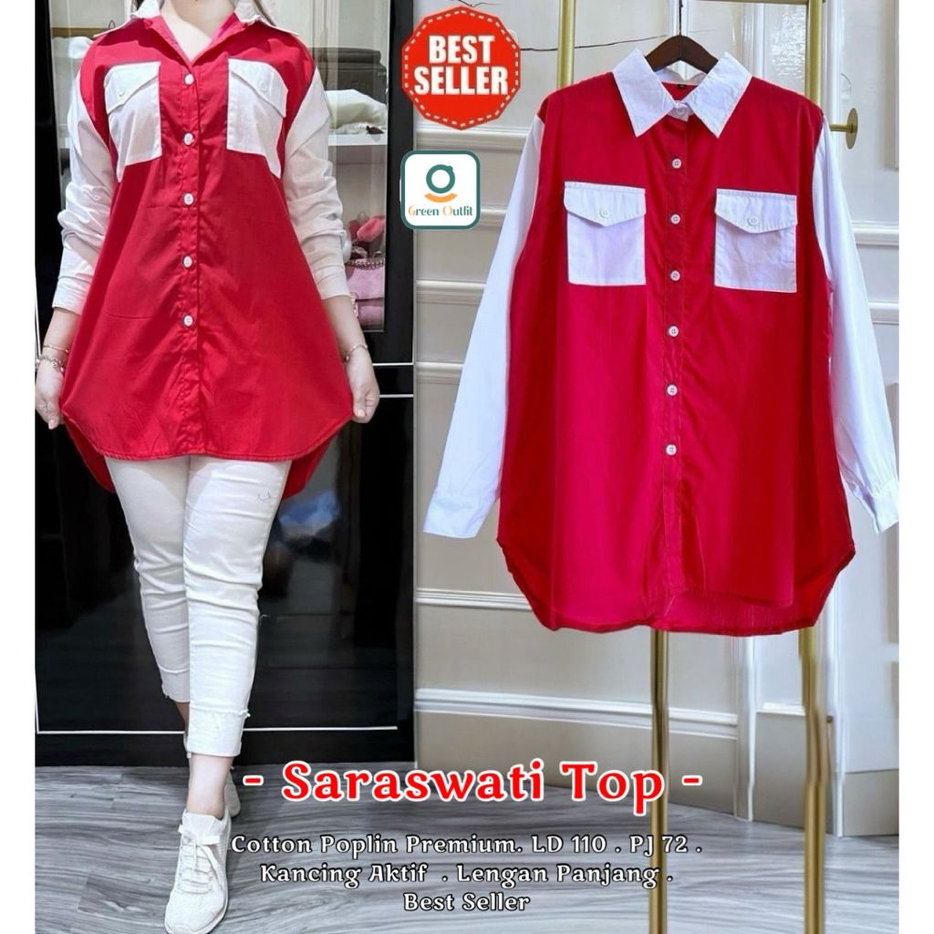Saraswati baju atasan blouse kemeja wanita jumbo ld 110 katun polos premium merah putih kemerdekaaan