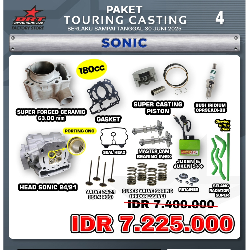 PROMO PAKET TOURING CASTING  BRT / SONIC / BLOK CERAMIC/ GASKET / PISTON / BUSI IRIDIUM BRT / HEAD S