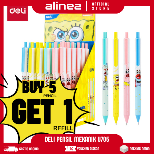 

[1/3/5] Pensil Mekanik Karakter Spongebob 0.5mm Deli Mechanical Pencil U705