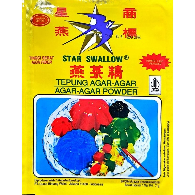 

Star Swallow Tepung Agar-Agar 7g /Merah/Hijau/Putih