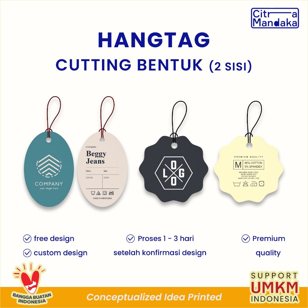 

Hang Tag Souvenir Custom Cutting Bentuk Pola 2 Sisi Cetak Label Merk Baju Hampers | Aksesoris