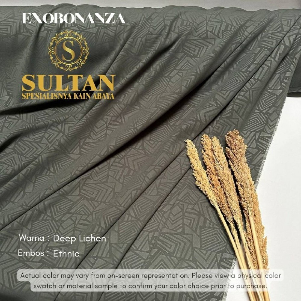 Kain abaya Sultan Exo Bonanza Warna Deep Lichen Embos Ivy Fall dan Ethnic 50 cm (Harga per-setengah 