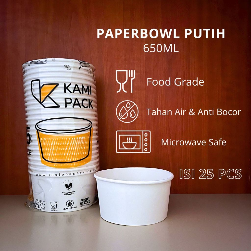 (Grosir) Paper Bowl 650ml Putih + Tutup (25) Halal Wadah Makanan Rice Bowl Nasi Kuning Food Grade