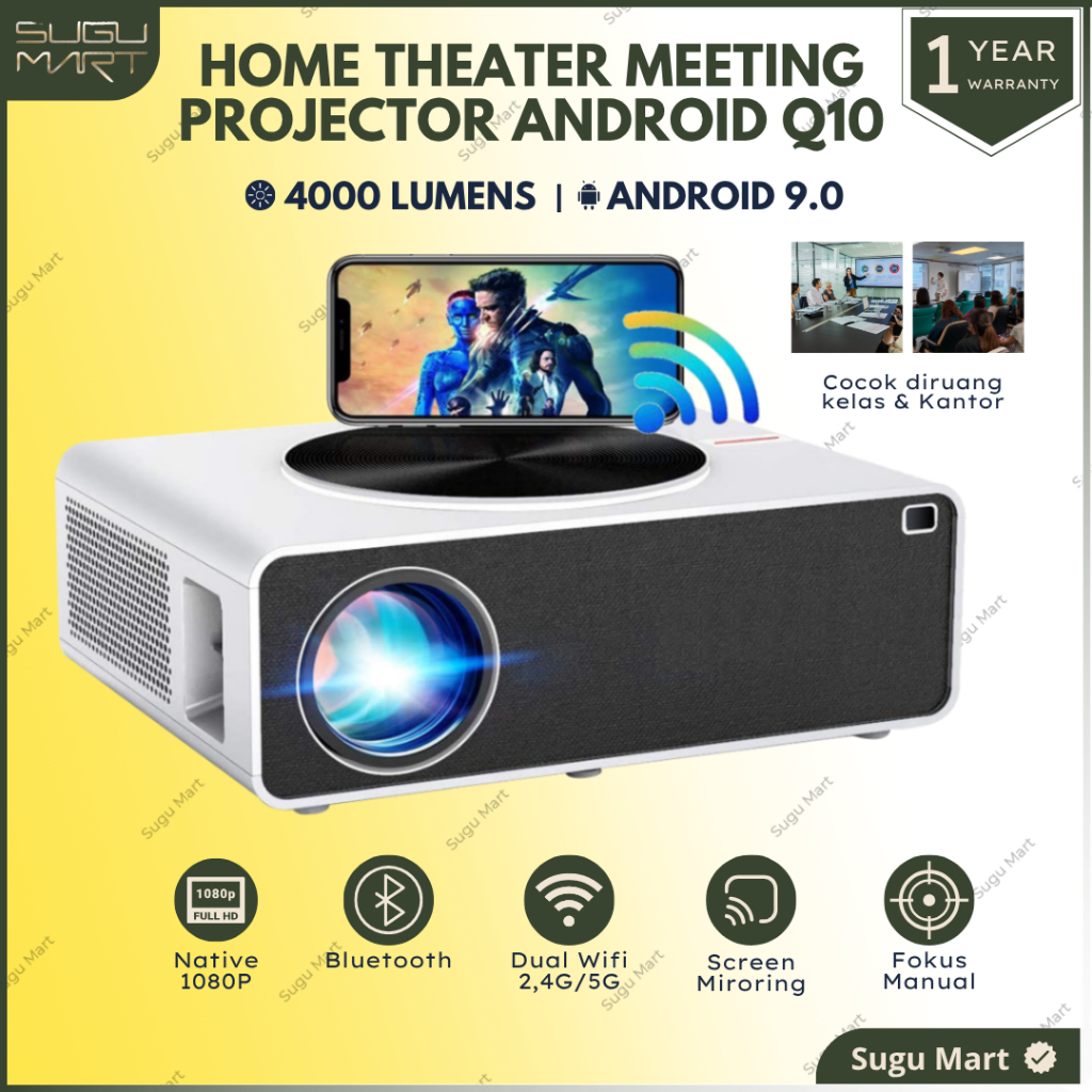 Proyektor Android | Proyektor Q9 Q10 Android 4000 Lumens Full HD |  Proyektor Android Bluetooth | Pr