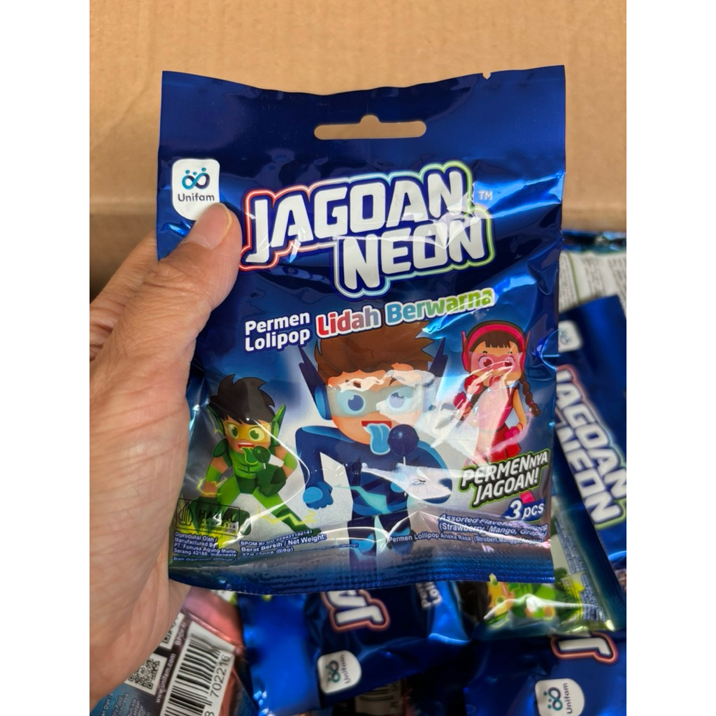 

agen distributor makanan ringan snack cemilan permen lolipop jagoan neon pack isi 3 murah berkualitas