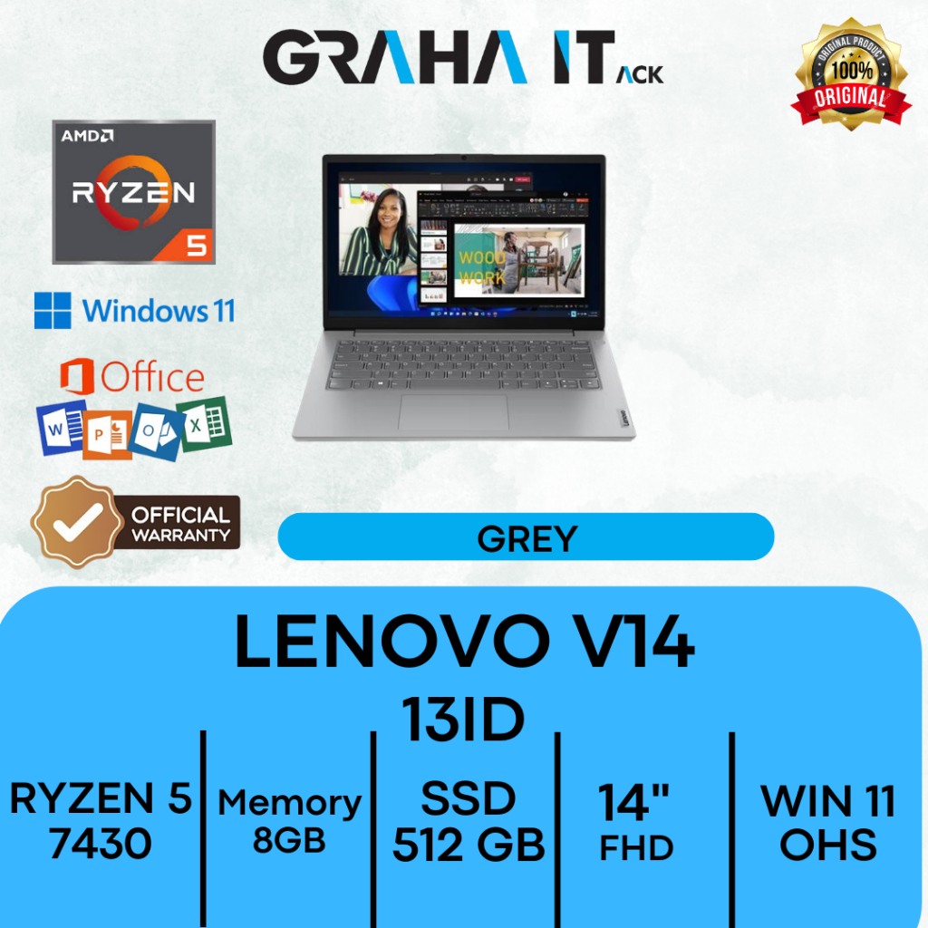 Lenovo V14 Gen 4 AMD Ryzen 5 7430U 512GB SSD 8GB RAM Windows 11 OHS 14 Inch FHD IPS 7430 13ID