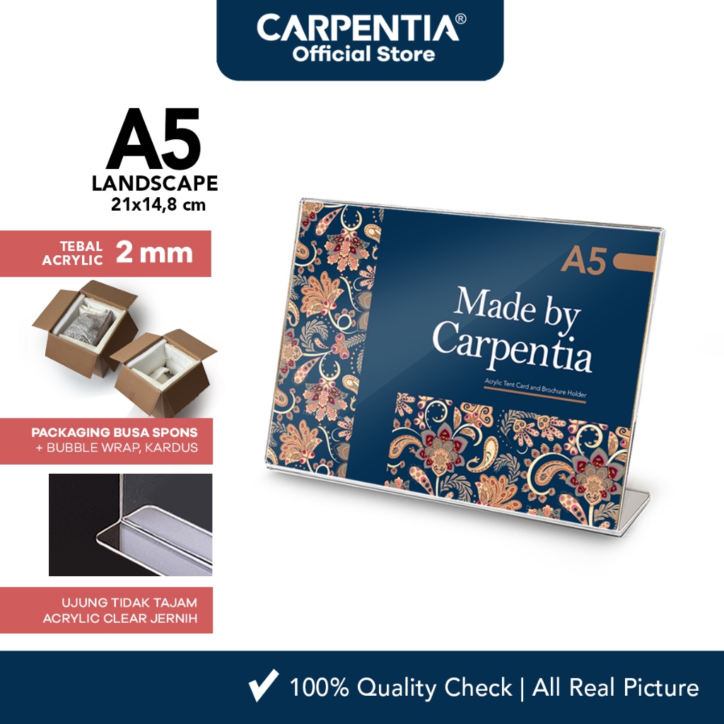 

Carpentia | Acrylic Standing Tipe L - A5 Horizontal Landscape 21x14,8 cm - [Akrilik Display Brosur]