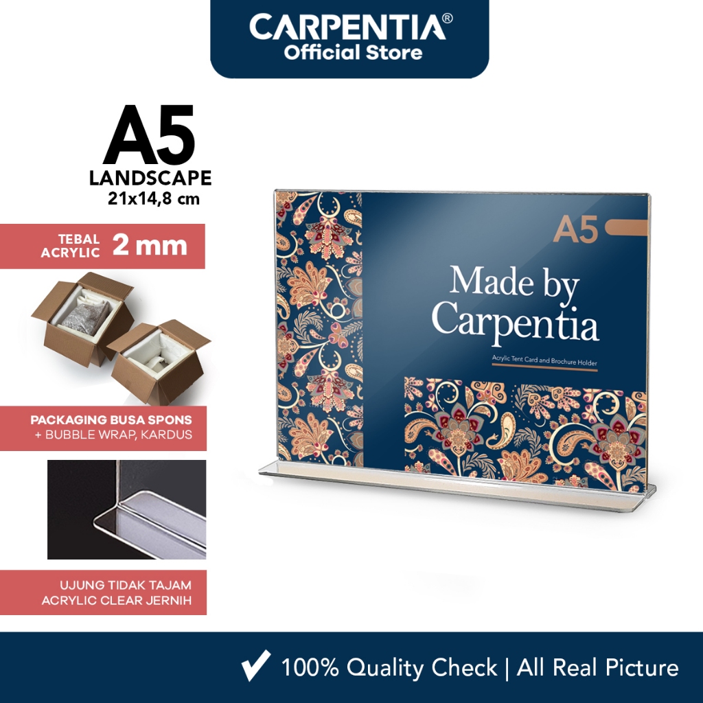 

Carpentia | Acrylic Standing Tipe T - A5 Horizontal Landscape 21x14,8 cm - [Akrilik Display Brosur]