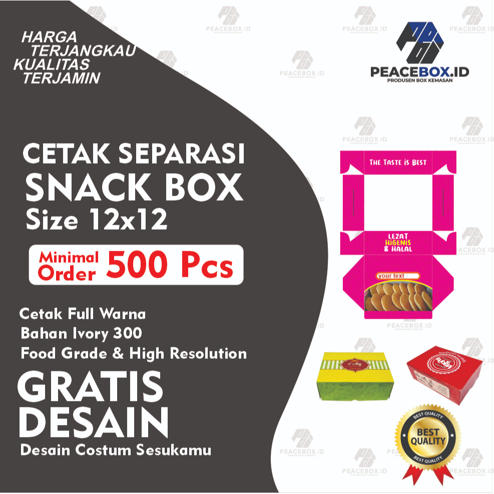 

Peacebox.id Cetak Separasi SNACK Box Size 12x12 Minimal Order 500 Pcs