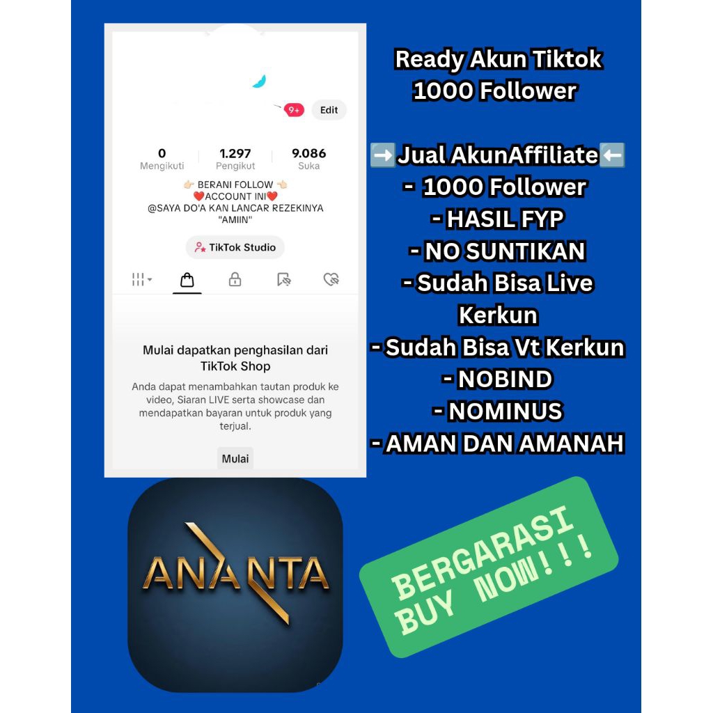 JUAL AKUN TIKTOK 1000 FOLLOWER AFFILIATE
