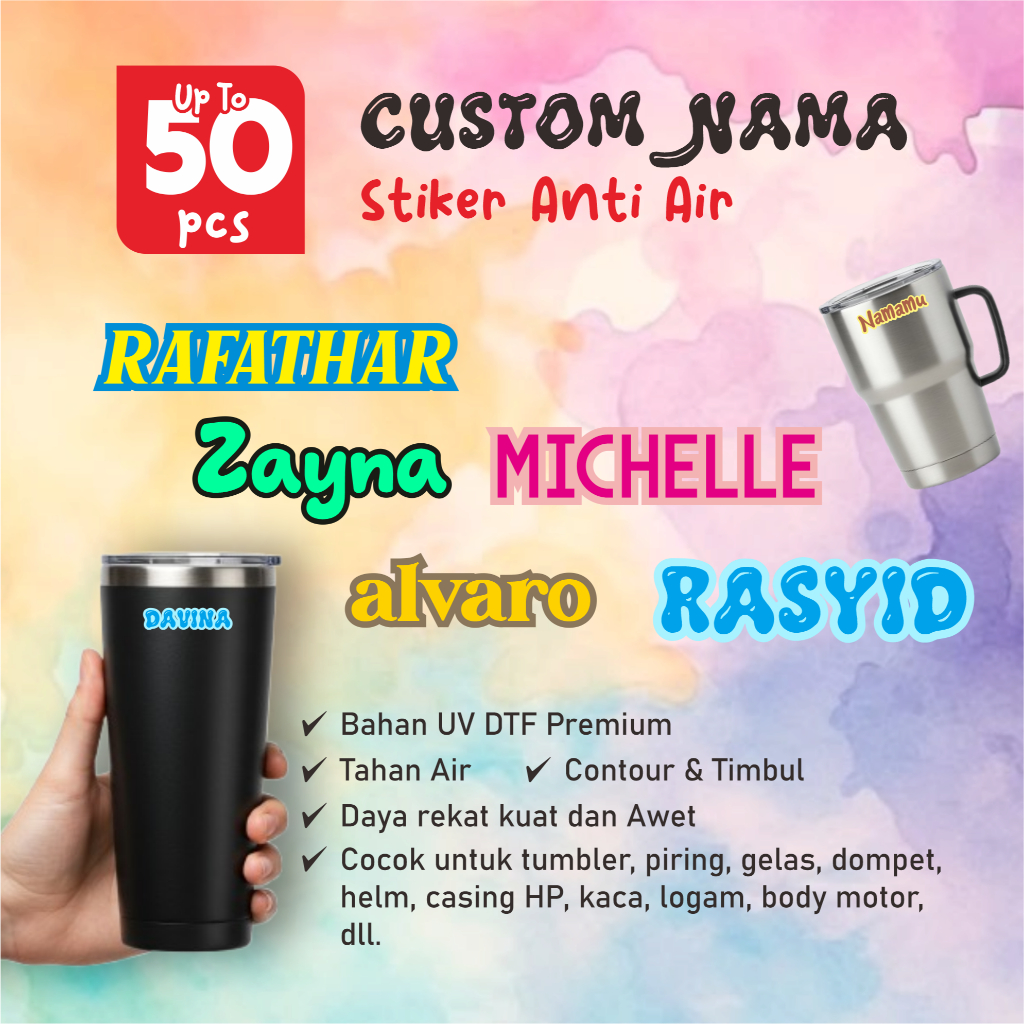 

Stiker CUSTOM NAMA Anti Air | Sticker Nama Tumbler | Stiker UV DTF | Sticker UV Timbul