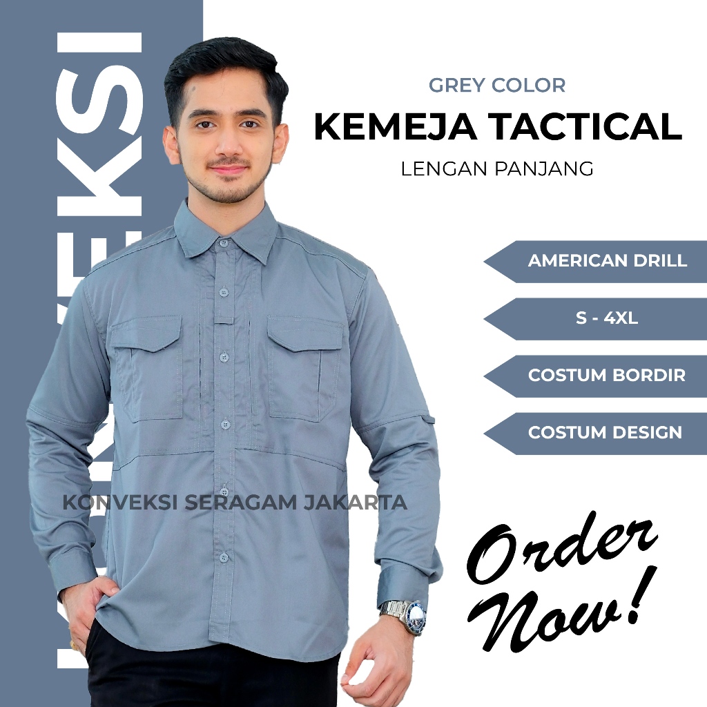 Baju Kemeja Tactical Pria Lengan Panjang - Seragam Kerja Dinas Lapangan Tactical Warna Abu - Koveksi